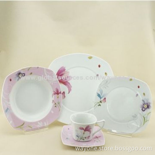 18-piece Ceramic Dinnerware Set, Rose Design, Square Shape, Food and Dishwasher Safe, Lead-free